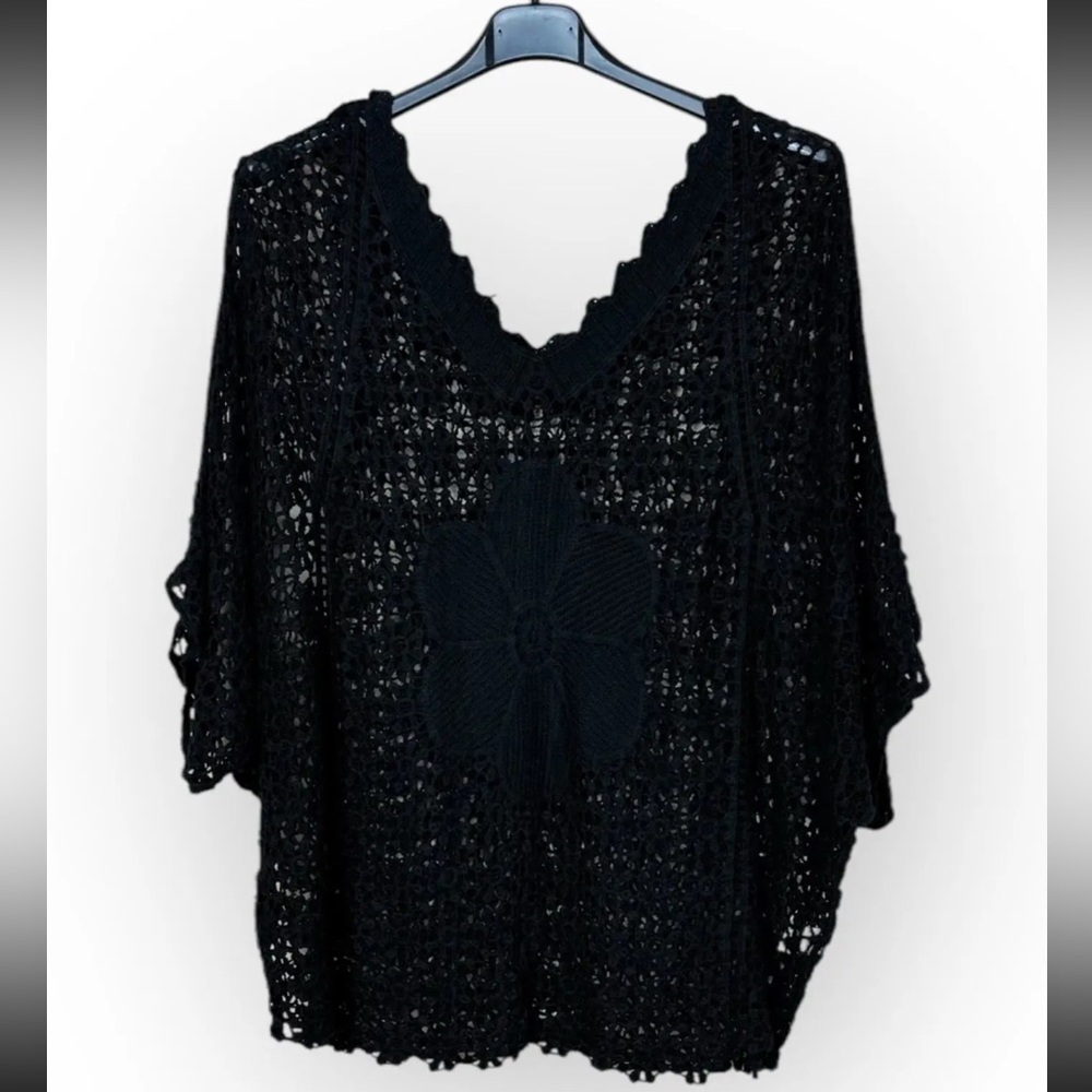 MADE IN ITALY Black Cotton Crochet Knit Tunic